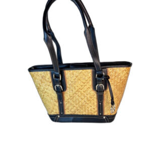 VTG Etienne Aigner Tan Straw Black Vegan Leather Trim Buckle Detail Shoulder Bag